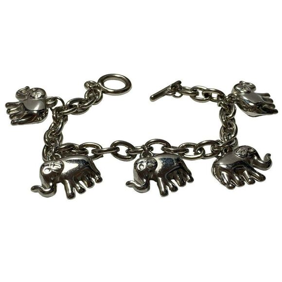 Puffed Elephant Silvertone Oval Link Bracelet 7.5" Upward Trunk Toggle Clasp Box - Picture 4 of 6